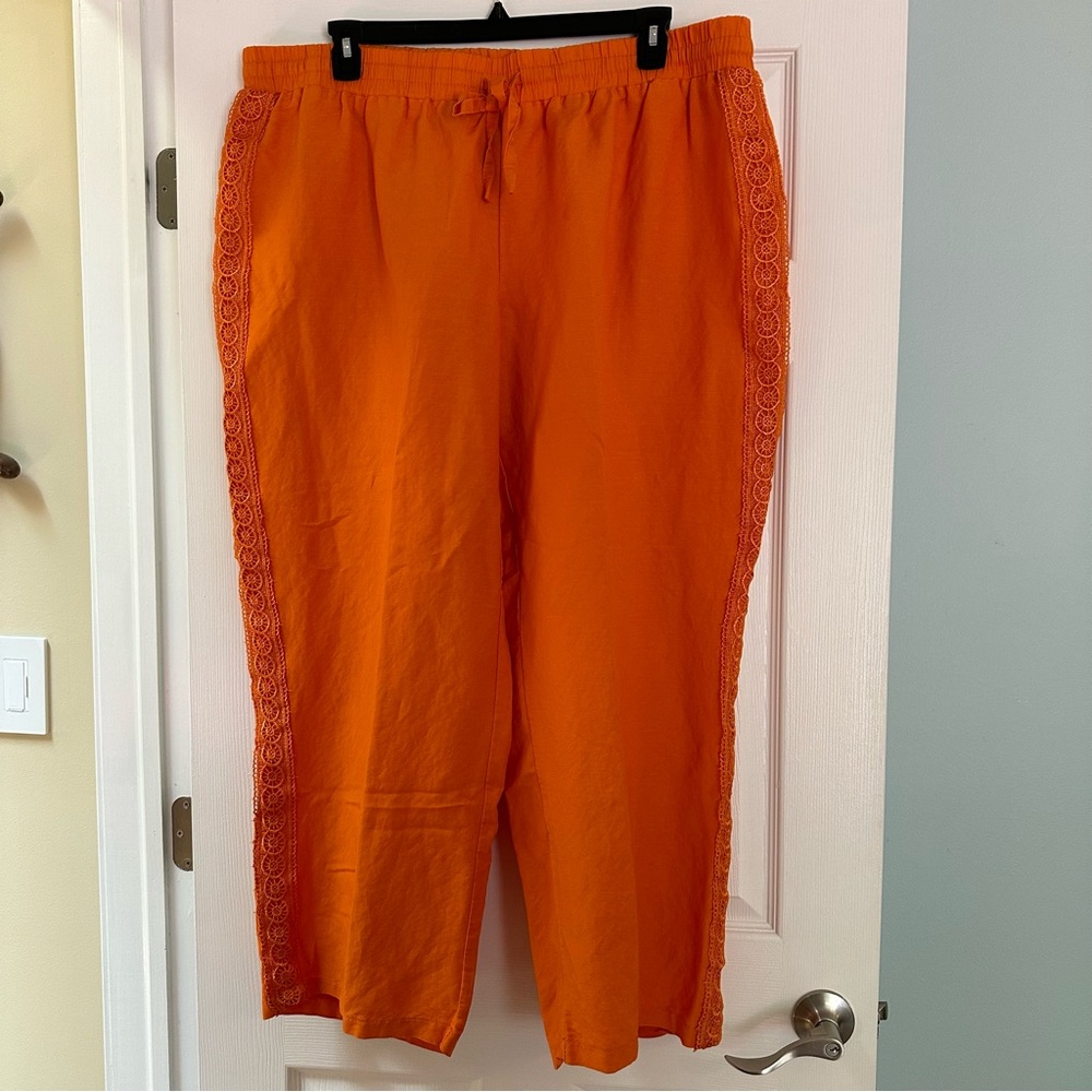 Ashley Stewart orange ramie/linen lace trimmed pants